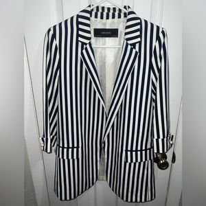 Navy blue white striped blazer jacket with pearl sleeve wrist button